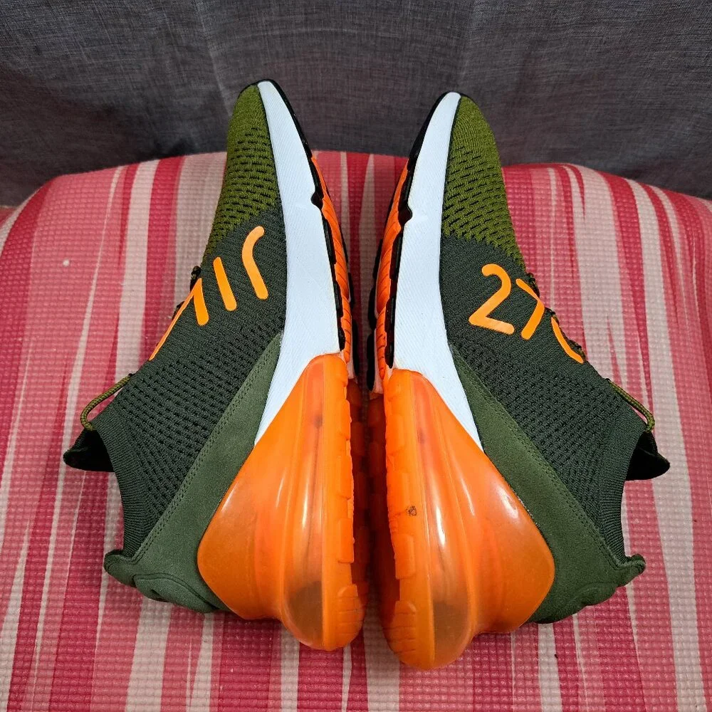 ! Nike Air Max 270 Flyknit Men 10.5 Olive Green Orange Men's Athletic Sneakers - Picture 12 of 14